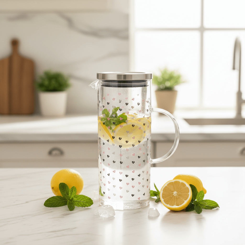 AKDC Heart Print Glass Jug With Lid - 1500ML - Al Kabayel Discount CentreAKDC Heart Print Glass Jug With Lid - 1500MLDrinkware SetsAKDCAl Kabayel Discount Centre