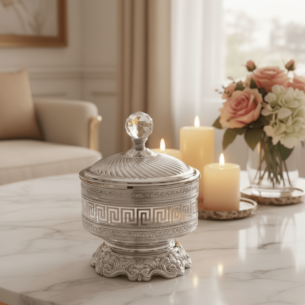 AKDC Imperial Greek Key Silver Candy Pot | Luxury Crystal - Lid Serving Jar | 25×18cm - Al Kabayel Discount CentreAKDC Imperial Greek Key Silver Candy Pot | Luxury Crystal - Lid Serving Jar | 25×18cmJars & Food SaversAKDCAl Kabayel Discount Centre
