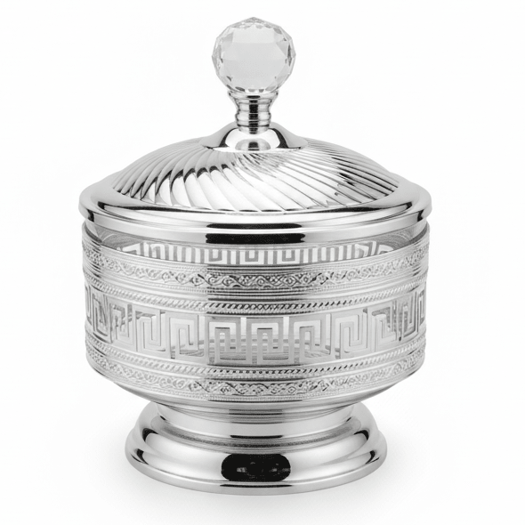 AKDC Imperial Greek Key Silver Candy Pot | Luxury Crystal - Lid Serving Jar | 25×18cm - Al Kabayel Discount CentreAKDC Imperial Greek Key Silver Candy Pot | Luxury Crystal - Lid Serving Jar | 25×18cmJars & Food SaversAKDCAl Kabayel Discount Centre