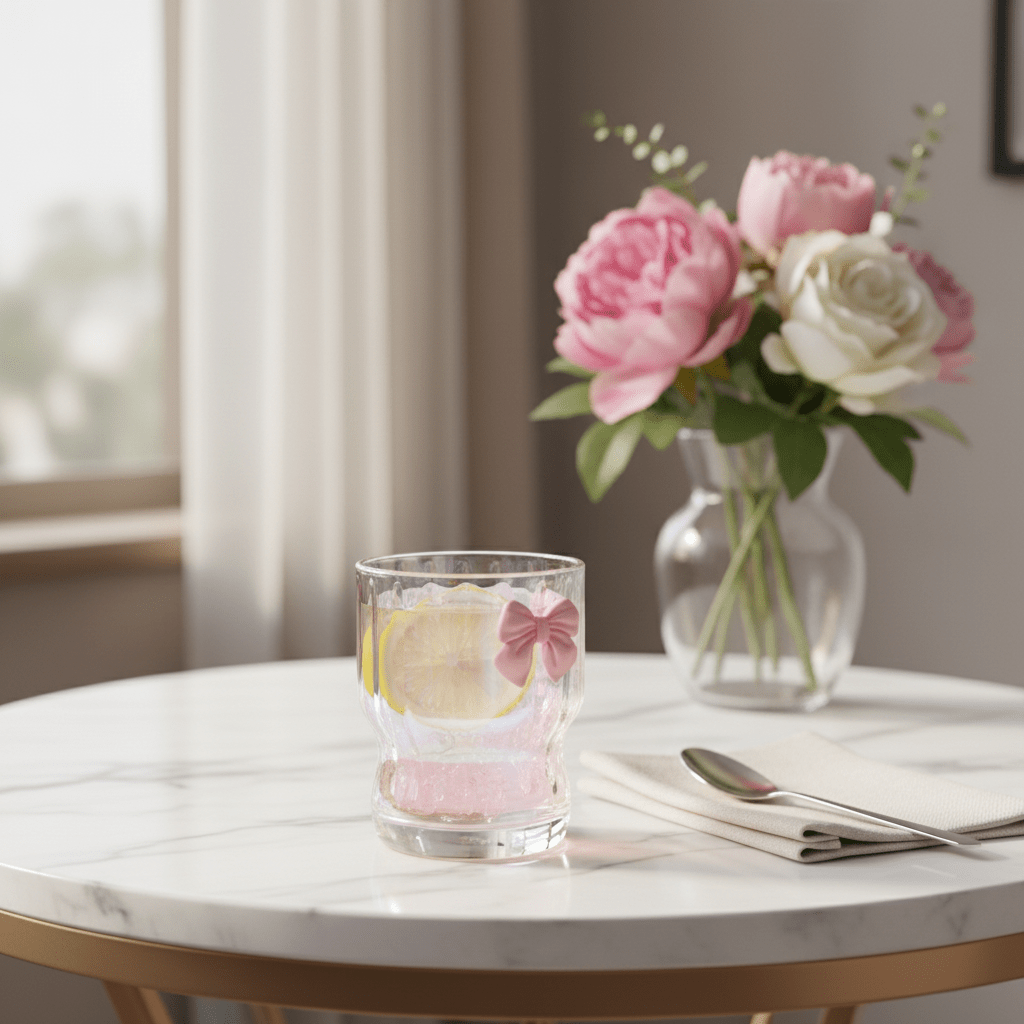 AKDC Iridescent Ribbed Glass Tumbler with Pink Bow Detail | 310ml | Drinkware - Al Kabayel Discount CentreAKDC Iridescent Ribbed Glass Tumbler with Pink Bow Detail | 310ml | DrinkwareTumblersAKDCAl Kabayel Discount Centre