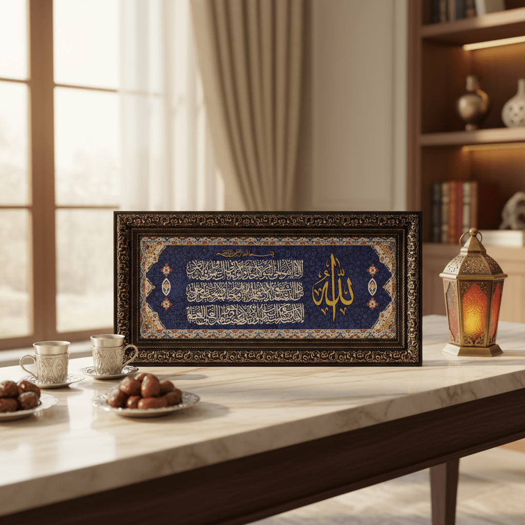 AKDC Islamic Cloth Wall Frame Featuring Ayat Al Kursi Arabic Calligraphy – Blue – 65 × 30 cm Decorative Hanging Frame - Al Kabayel Discount CentreAKDC Islamic Cloth Wall Frame Featuring Ayat Al Kursi Arabic Calligraphy – Blue – 65 × 30 cm Decorative Hanging FrameFrames & Wall artAKDCAl Kabayel Discount Centre