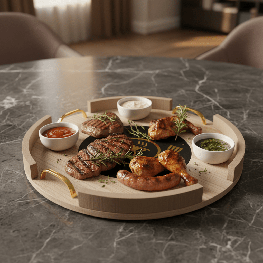 AKDC Large Round Wooden Serving Tray with Metal Handles – Durable Serving Tray for Home & Hospitality 34 cm - Al Kabayel Discount CentreAKDC Large Round Wooden Serving Tray with Metal Handles – Durable Serving Tray for Home & Hospitality 34 cmServing TraysAKDCAl Kabayel Discount Centre