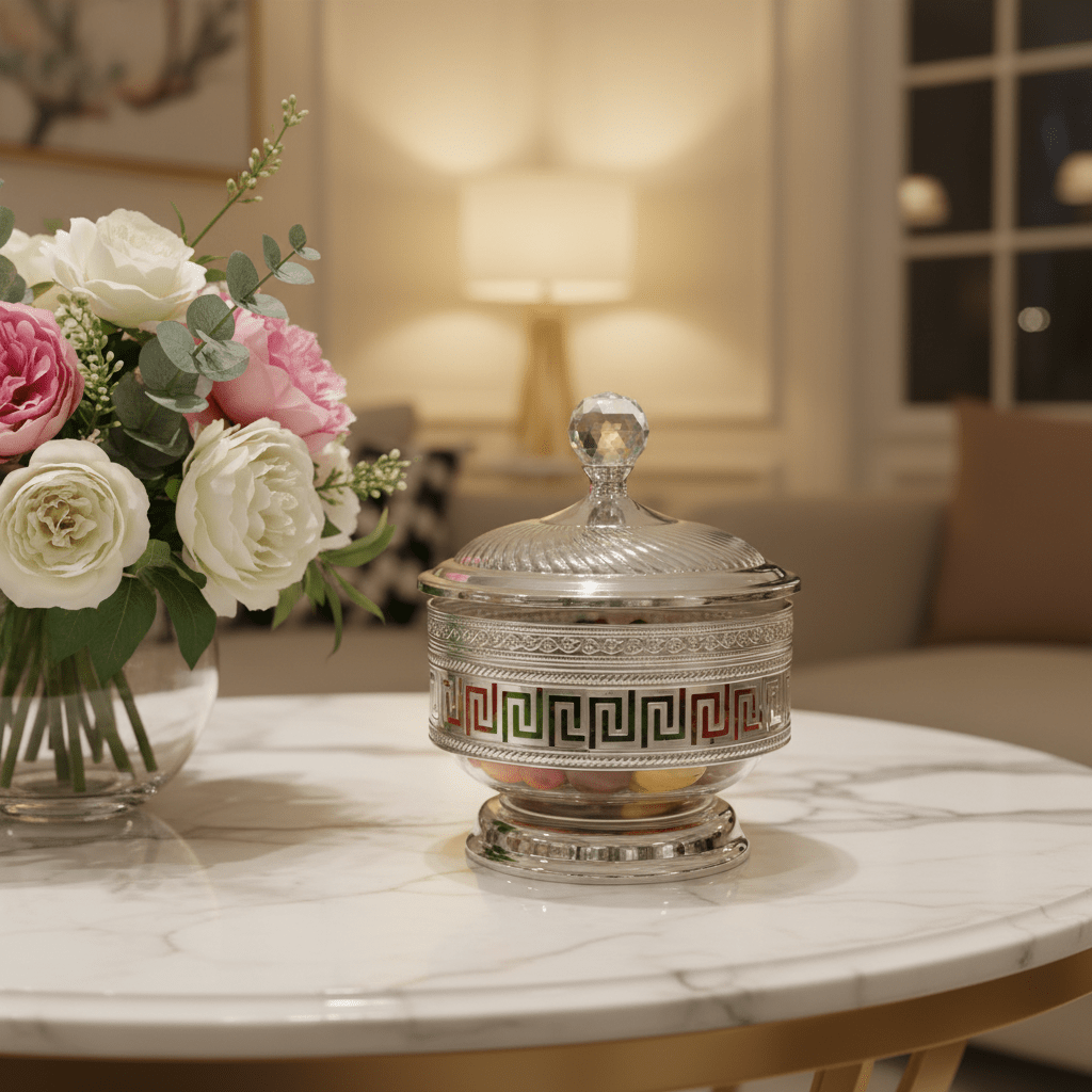 AKDC Luxe Greek Key Silver Crystal Candy Pot — Opulent Metal & Glass Keepsake Jar with Crystal Knob Lid | 15×11cm - Al Kabayel Discount CentreAKDC Luxe Greek Key Silver Crystal Candy Pot — Opulent Metal & Glass Keepsake Jar with Crystal Knob Lid | 15×11cmJars & Food SaversAKDCAl Kabayel Discount Centre