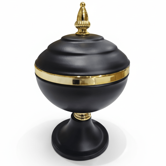 AKDC Luxury Decorative Metal Candy Jar with Lid – Premium Black Body with Elegant Gold Accents for Home Décor, Table Display and Gift Use, Size 25 × 15 cm - Al Kabayel Discount CentreAKDC Luxury Decorative Metal Candy Jar with Lid – Premium Black Body with Elegant Gold Accents for Home Décor, Table Display and Gift Use, Size 25 × 15 cmJars & Food SaversAKDCAl Kabayel Discount Centre
