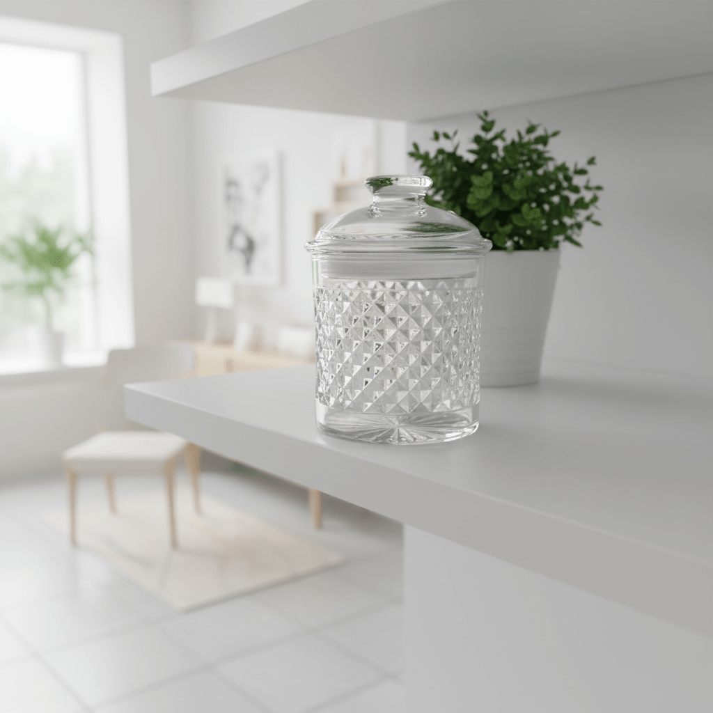 AKDC Luxury Diamond - Pattern Round Airtight Acrylic Storage Canister – Transparent Decorative Jar with Lid, 800 ml - Al Kabayel Discount CentreAKDC Luxury Diamond - Pattern Round Airtight Acrylic Storage Canister – Transparent Decorative Jar with Lid, 800 mlJars & Food SaversAKDCAl Kabayel Discount Centre