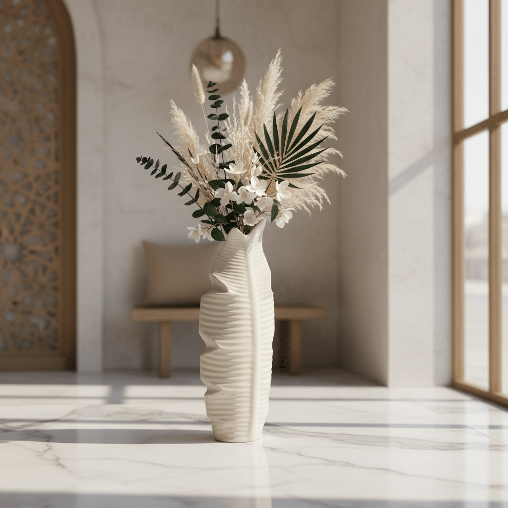 AKDC Luxury Leaf - Inspired Ceramic Flower Vase – Elegant White Decorative Vase with Artistic Leaf Shape Design, 30 cm - Al Kabayel Discount CentreAKDC Luxury Leaf - Inspired Ceramic Flower Vase – Elegant White Decorative Vase with Artistic Leaf Shape Design, 30 cmFlower/Plant PotsAKDCAl Kabayel Discount Centre