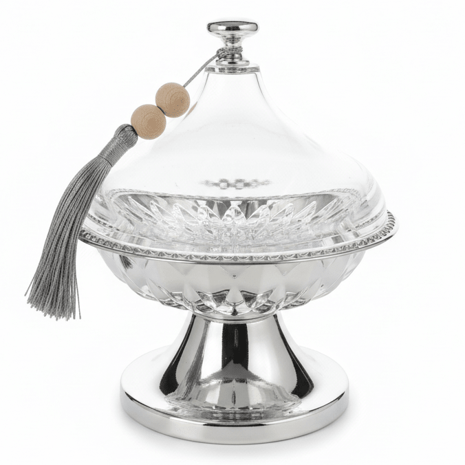 AKDC Luxury Metal Candy Bowl with Acrylic Lid – Premium Silver Finish, Decorative Storage for Sweets & Dry Fruits, 19 × 15 cm - Al Kabayel Discount CentreAKDC Luxury Metal Candy Bowl with Acrylic Lid – Premium Silver Finish, Decorative Storage for Sweets & Dry Fruits, 19 × 15 cmJars & Food SaversAKDCAl Kabayel Discount Centre