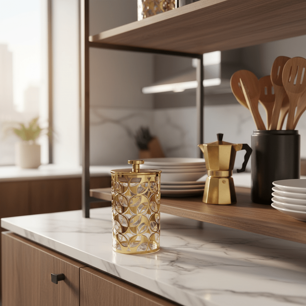 AKDC Luxury Round Airtight Acrylic Storage Canister with Transparent Body & Elegant Golden Design Lid – Kitchen Storage Jar, 800 ml - Al Kabayel Discount CentreAKDC Luxury Round Airtight Acrylic Storage Canister with Transparent Body & Elegant Golden Design Lid – Kitchen Storage Jar, 800 mlJars & Food SaversAKDCAl Kabayel Discount Centre