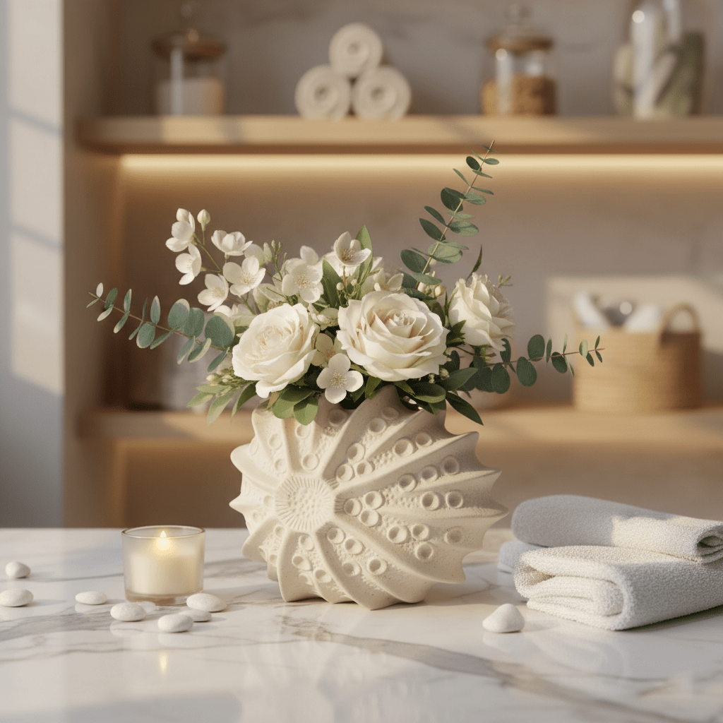 AKDC Luxury Shell - Inspired Ceramic Flower Vase – Elegant Beige Decorative Vase for Modern Interiors, 22 × 17 cm - Al Kabayel Discount CentreAKDC Luxury Shell - Inspired Ceramic Flower Vase – Elegant Beige Decorative Vase for Modern Interiors, 22 × 17 cmFlower/Plant PotsAKDCAl Kabayel Discount Centre