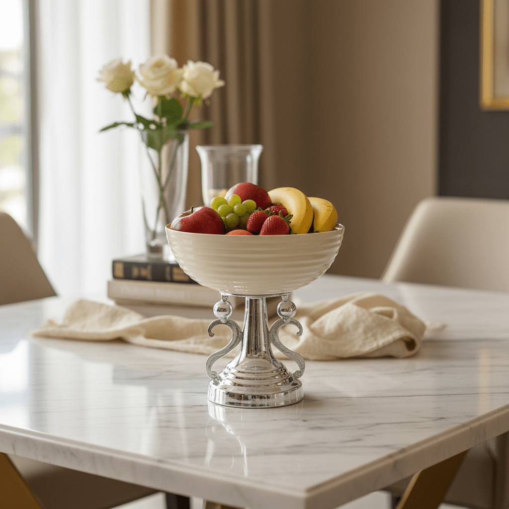 AKDC Luxury Silver & Cream Footed Round Candy Bowl – Premium Raised Metal Serving Dish for Dates Chocolates & Snacks – Elegant Centerpiece Design – 30x18 cm - Al Kabayel Discount CentreAKDC Luxury Silver & Cream Footed Round Candy Bowl – Premium Raised Metal Serving Dish for Dates Chocolates & Snacks – Elegant Centerpiece Design – 30x18 cmBowlsAKDCAl Kabayel Discount Centre