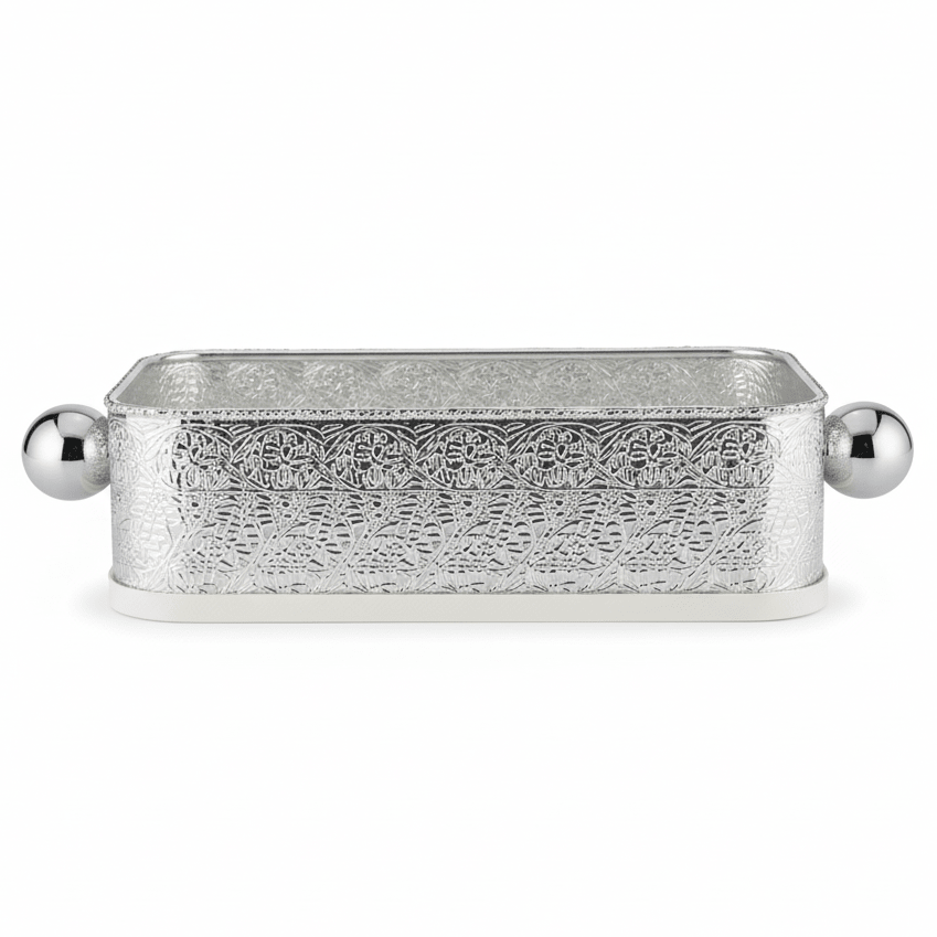 AKDC Luxury Silver & Cream Rectangular Metal Candy Serving Pot – Elegant Decorative Storage Container for Sweets Dates & Chocolates – Premium Table Centerpiece – 21x16 cm - Al Kabayel Discount CentreAKDC Luxury Silver & Cream Rectangular Metal Candy Serving Pot – Elegant Decorative Storage Container for Sweets Dates & Chocolates – Premium Table Centerpiece – 21x16 cmServing TraysAKDCAl Kabayel Discount Centre