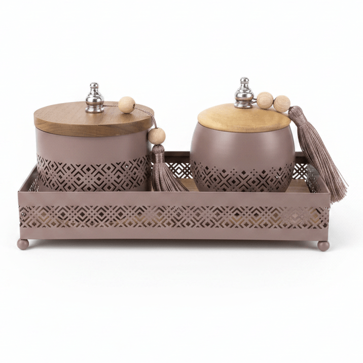 AKDC Mauve Taupe Metal & Wooden Rectangular Serving Tray with 2 Candy Bowls – Elegant Hosting & Snack Serving Set – 26 × 12 cm - Al Kabayel Discount CentreAKDC Mauve Taupe Metal & Wooden Rectangular Serving Tray with 2 Candy Bowls – Elegant Hosting & Snack Serving Set – 26 × 12 cmServing TraysAKDCAl Kabayel Discount Centre