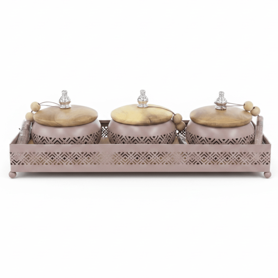 AKDC Mauve Taupe Metal & Wooden Serving Tray with 3 Candy Bowls – Premium Entertaining Set for Guests – 36 × 12 cm - Al Kabayel Discount CentreAKDC Mauve Taupe Metal & Wooden Serving Tray with 3 Candy Bowls – Premium Entertaining Set for Guests – 36 × 12 cmServing TraysAKDCAl Kabayel Discount Centre