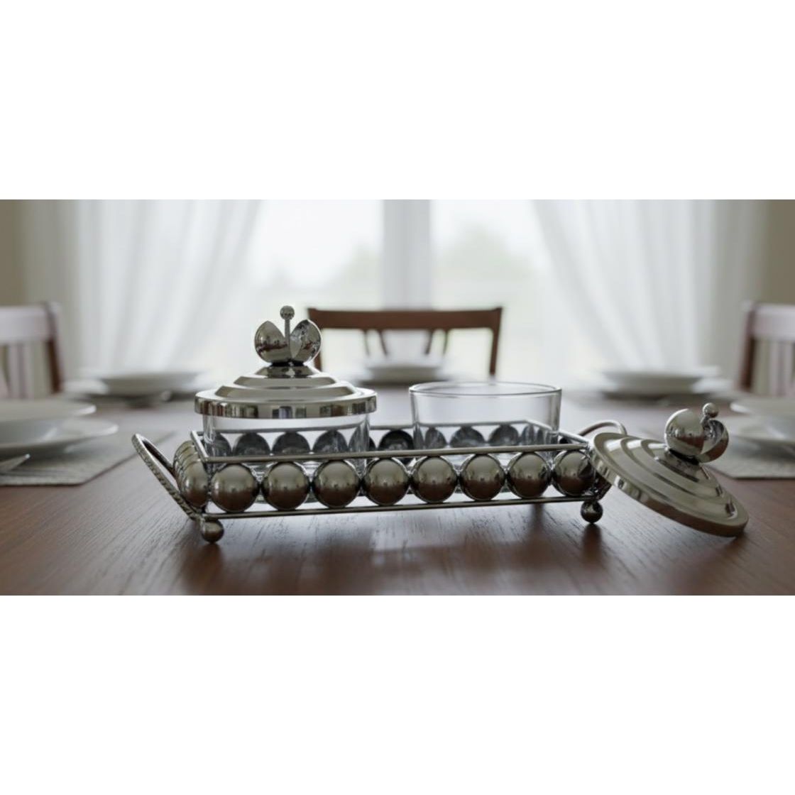 AKDC Metal and Glass 2pcs Candy Bowl Set 25.5cm*11cm*12cm, Silver - Al Kabayel Discount CentreAKDC Metal and Glass 2pcs Candy Bowl Set 25.5cm*11cm*12cm, SilverCandy ServersAKDCAl Kabayel Discount Centre