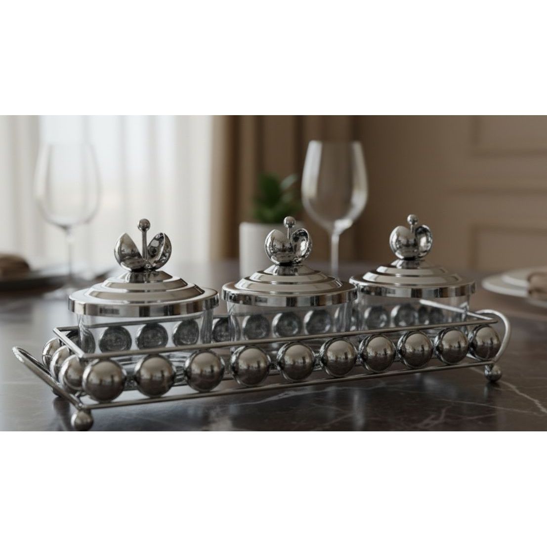 AKDC Metal and Glass 3pcs Candy Bowl Set 37cm*10cm*11.5cm, Silver - Al Kabayel Discount CentreAKDC Metal and Glass 3pcs Candy Bowl Set 37cm*10cm*11.5cm, SilverCandy ServersAKDCAl Kabayel Discount Centre