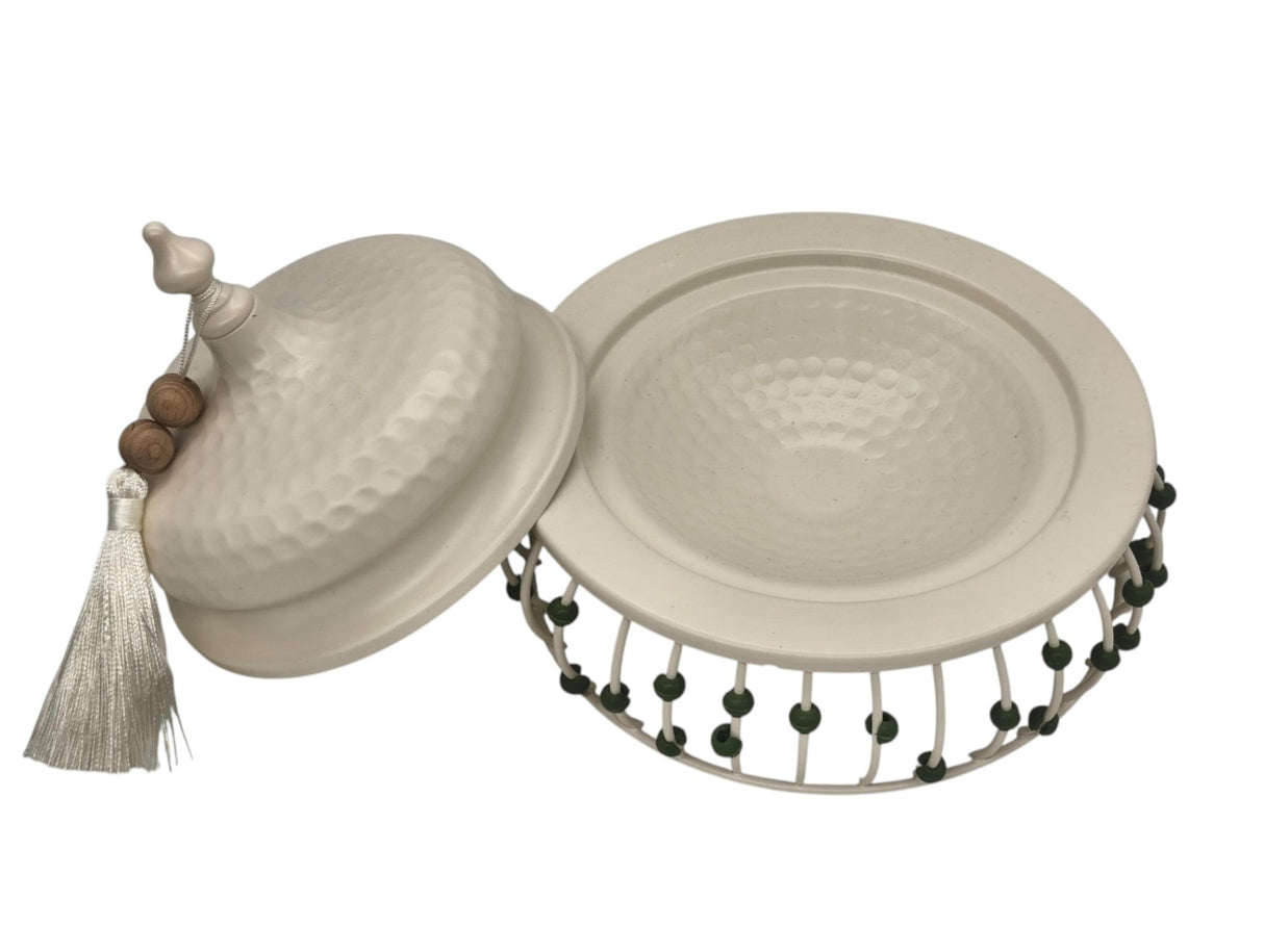 AKDC Metal Tajine with Lid 15cm*16cm, White with Green Beads - Al Kabayel Discount CentreAKDC Metal Tajine with Lid 15cm*16cm, White with Green BeadsBowlsAKDCAl Kabayel Discount Centre