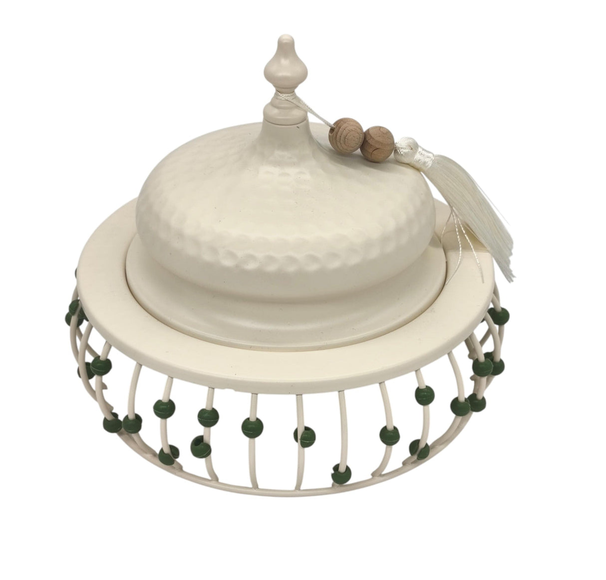 AKDC Metal Tajine with Lid 15cm*16cm, White with Green Beads - Al Kabayel Discount CentreAKDC Metal Tajine with Lid 15cm*16cm, White with Green BeadsBowlsAKDCAl Kabayel Discount Centre