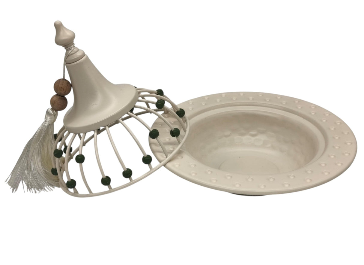 AKDC Metal Tajine with Lid 18cm*18cm, White with Green Beads - Al Kabayel Discount CentreAKDC Metal Tajine with Lid 18cm*18cm, White with Green BeadsBowlsAKDCAl Kabayel Discount Centre