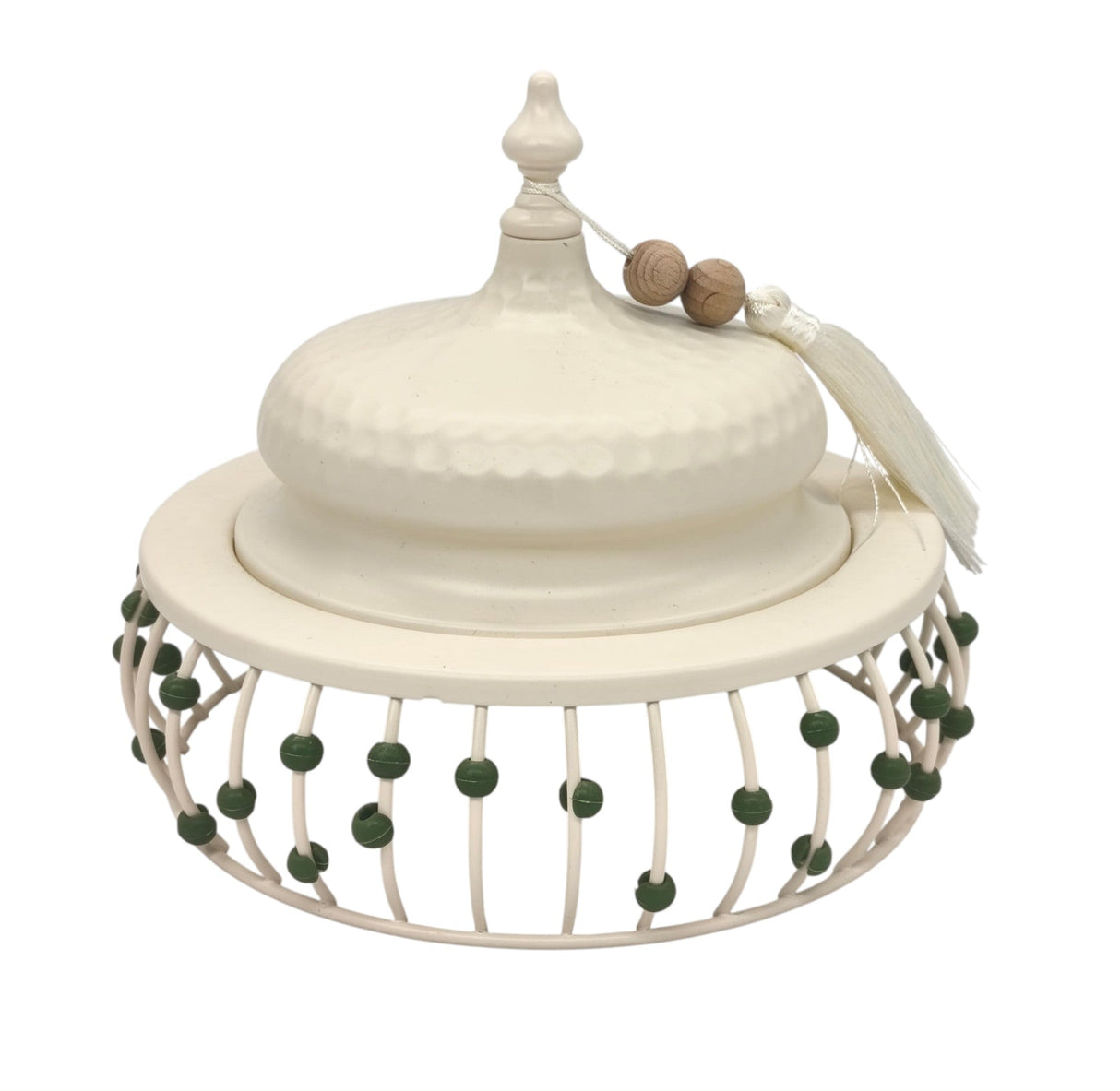 AKDC Metal Tajine with Lid 21cm*19cm, White with Green Beads - Al Kabayel Discount CentreAKDC Metal Tajine with Lid 21cm*19cm, White with Green BeadsBowlsAKDCAl Kabayel Discount Centre