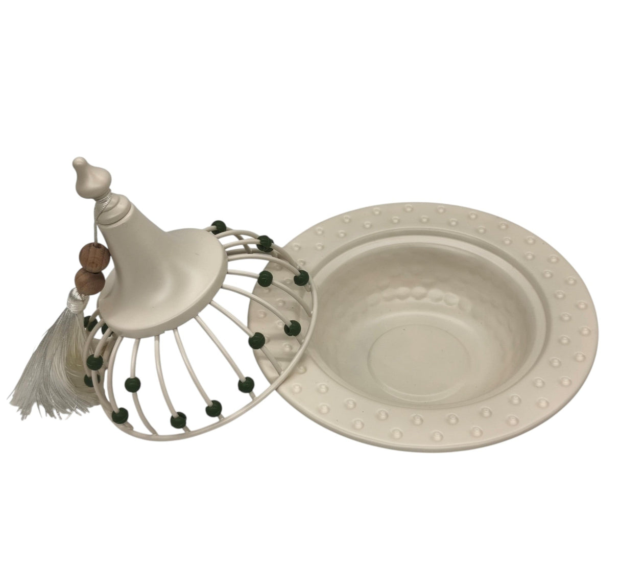AKDC Metal Tajine with Lid 21cm*20cm, White with Green Beads - Al Kabayel Discount CentreAKDC Metal Tajine with Lid 21cm*20cm, White with Green BeadsBowlsAKDCAl Kabayel Discount Centre