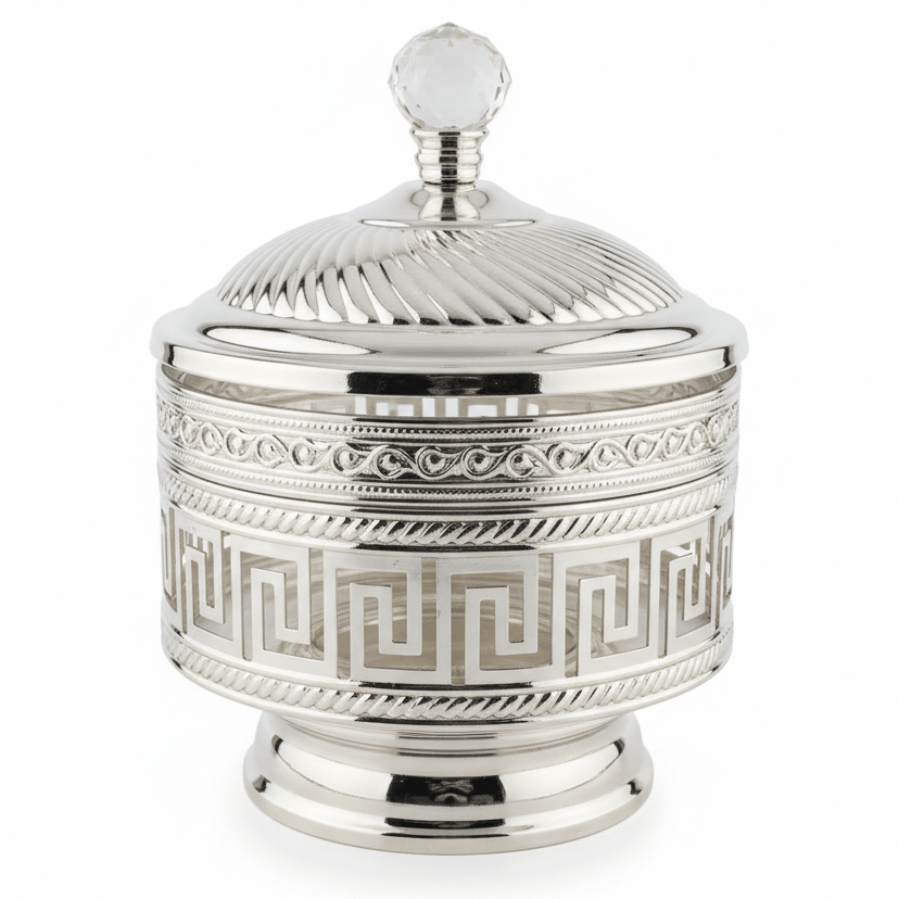 AKDC Ornate Silver Sugar Pot with Crystal Lid | Luxury Metal & Glass Canister | 15×11cm - Al Kabayel Discount CentreAKDC Ornate Silver Sugar Pot with Crystal Lid | Luxury Metal & Glass Canister | 15×11cmJars & Food SaversAKDCAl Kabayel Discount Centre