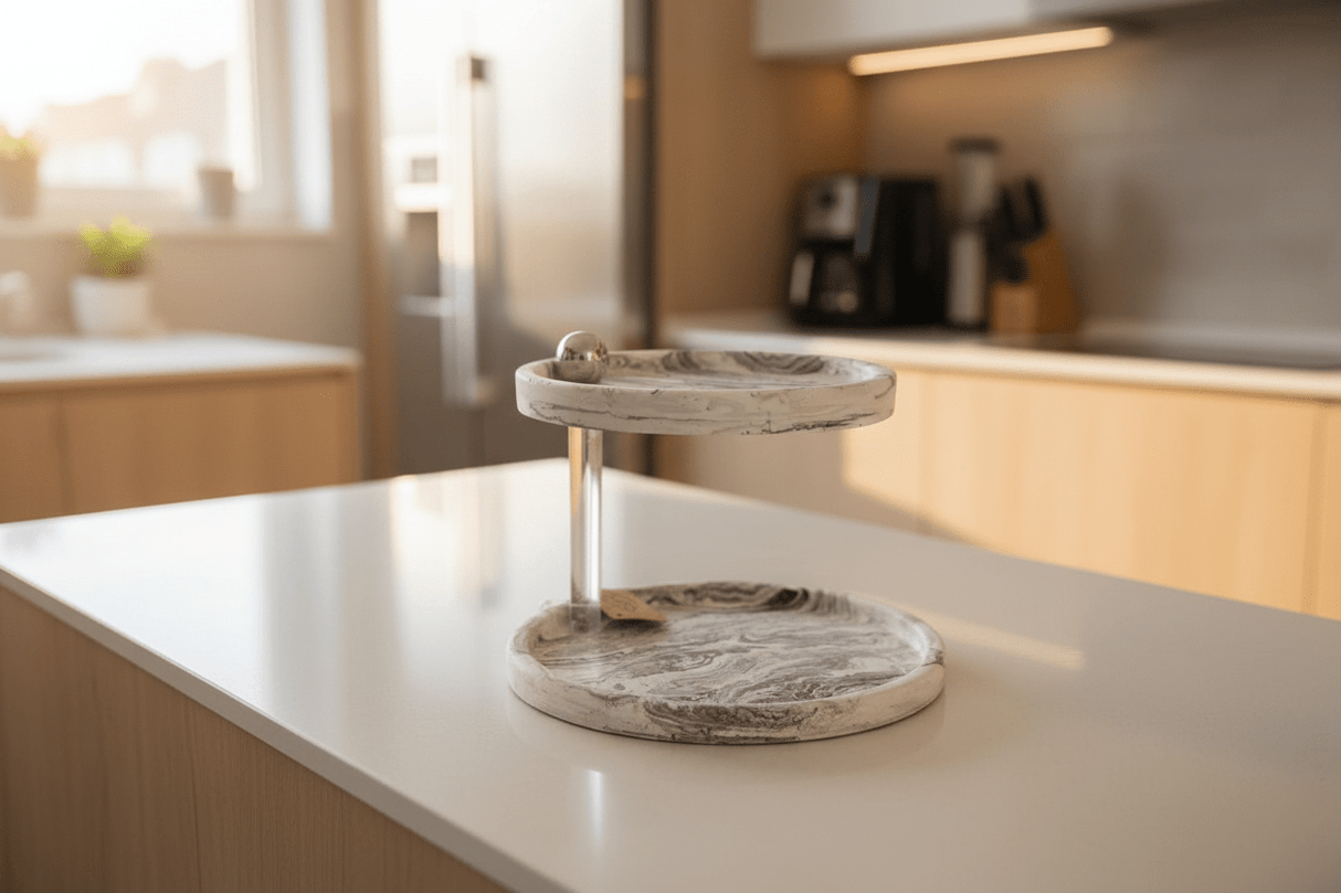 AKDC Premium 2 - Tier Round Cake Serving Stand – White Plaster of Paris with Elegant Silver Finish (20 × 25 × 19 cm) - Al Kabayel Discount CentreAKDC Premium 2 - Tier Round Cake Serving Stand – White Plaster of Paris with Elegant Silver Finish (20 × 25 × 19 cm)Serving TraysAKDCAl Kabayel Discount Centre