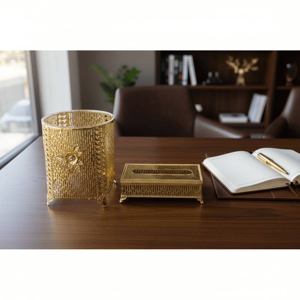AKDC Premium Acrylic Dustbin with Gold Metal Base and Tissue Box Set for Bathroom, Office and Home Décor – Dustbin 28×22 cm, Tissue Box 26×13 cm - Al Kabayel Discount CentreAKDC Premium Acrylic Dustbin with Gold Metal Base and Tissue Box Set for Bathroom, Office and Home Décor – Dustbin 28×22 cm, Tissue Box 26×13 cmOrganizers & AccessoriesAKDCAl Kabayel Discount Centre