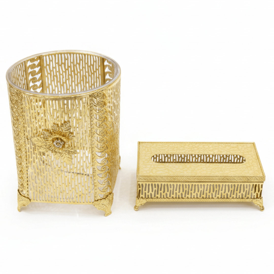 AKDC Premium Acrylic Dustbin with Gold Metal Base and Tissue Box Set for Bathroom, Office and Home Décor – Dustbin 28×22 cm, Tissue Box 26×13 cm - Al Kabayel Discount CentreAKDC Premium Acrylic Dustbin with Gold Metal Base and Tissue Box Set for Bathroom, Office and Home Décor – Dustbin 28×22 cm, Tissue Box 26×13 cmOrganizers & AccessoriesAKDCAl Kabayel Discount Centre