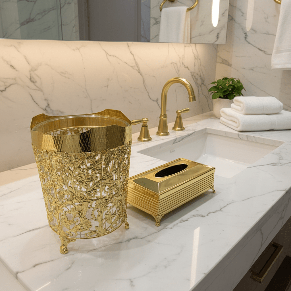 AKDC Premium Acrylic Dustbin with Gold Metal Base and Tissue Box Set for Bathroom, Office and Home Décor – Dustbin 28×22 cm, Tissue Box 26×13 cm - Al Kabayel Discount CentreAKDC Premium Acrylic Dustbin with Gold Metal Base and Tissue Box Set for Bathroom, Office and Home Décor – Dustbin 28×22 cm, Tissue Box 26×13 cmOrganizers & AccessoriesAKDCAl Kabayel Discount Centre
