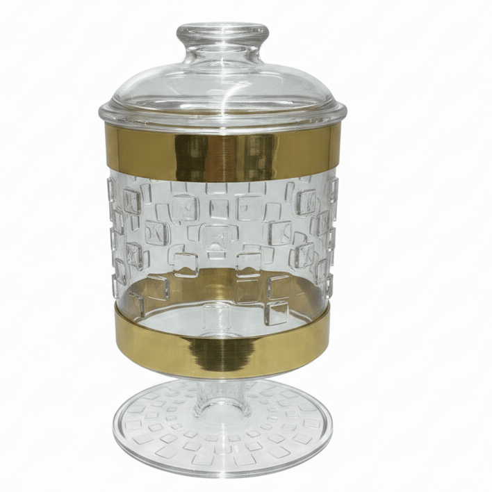 AKDC Premium Acrylic Footed Storage Canister with Decorative Gold Design and Secure Lid Clear Finish 15 × 11 cm - Al Kabayel Discount CentreAKDC Premium Acrylic Footed Storage Canister with Decorative Gold Design and Secure Lid Clear Finish 15 × 11 cmJars & Food SaversAKDCAl Kabayel Discount Centre