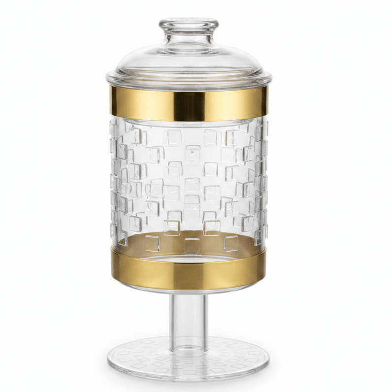 AKDC Premium Acrylic Footed Storage Canister with Decorative Gold Design and Secure Lid Clear Finish 19 × 11 cm - Al Kabayel Discount CentreAKDC Premium Acrylic Footed Storage Canister with Decorative Gold Design and Secure Lid Clear Finish 19 × 11 cmJars & Food SaversAKDCAl Kabayel Discount Centre