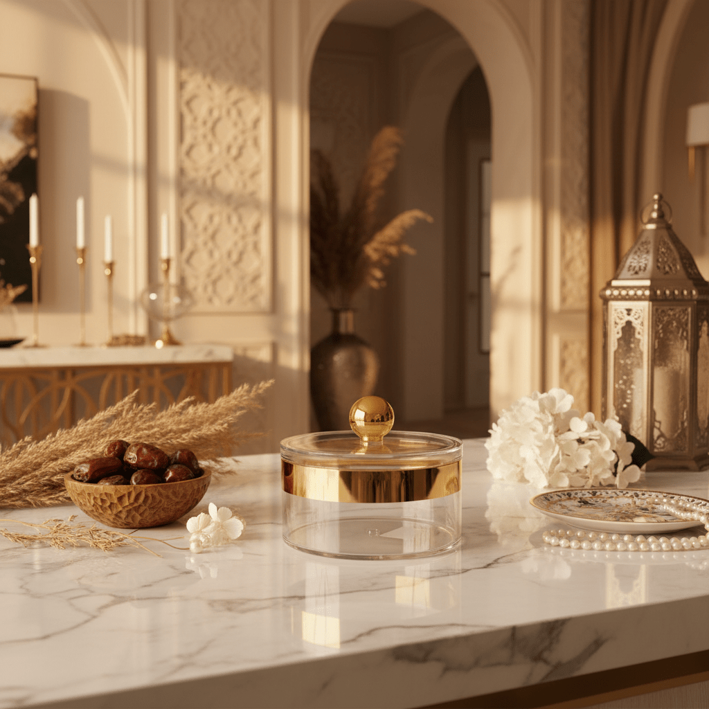 AKDC Premium Acrylic Storage Canister with Decorative Gold Design and Lid Compact Container 14 × 7.5 cm - Al Kabayel Discount CentreAKDC Premium Acrylic Storage Canister with Decorative Gold Design and Lid Compact Container 14 × 7.5 cmJars & Food SaversAKDCAl Kabayel Discount Centre