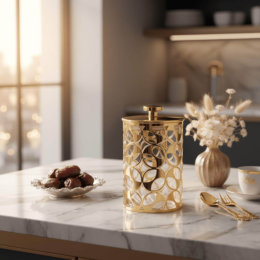 AKDC Premium Gold Design Acrylic Storage Jar with Lid for Kitchen Organization 15 × 10 cm - Al Kabayel Discount CentreAKDC Premium Gold Design Acrylic Storage Jar with Lid for Kitchen Organization 15 × 10 cmJars & Food SaversAKDCAl Kabayel Discount Centre