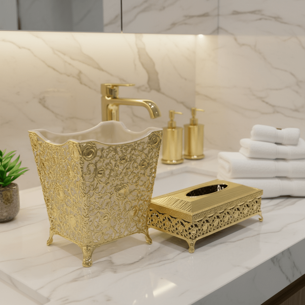 AKDC Premium Plastic Dustbin with Gold Metal Base and Tissue Box Set for Bathroom, Office and Home Décor – Dustbin 24×23×17 cm, Tissue Box 26×13 cm - Al Kabayel Discount CentreAKDC Premium Plastic Dustbin with Gold Metal Base and Tissue Box Set for Bathroom, Office and Home Décor – Dustbin 24×23×17 cm, Tissue Box 26×13 cmOrganizers & AccessoriesAKDCAl Kabayel Discount Centre