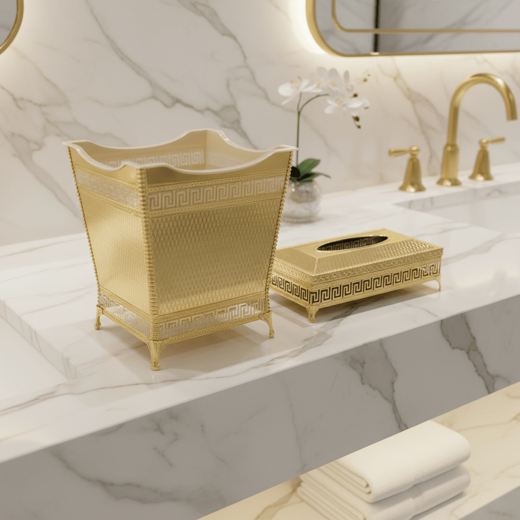 AKDC Premium Plastic Dustbin with Gold Metal Base and Tissue Box Set for Bathroom, Office and Home Décor – Dustbin 24×23×17 cm, Tissue Box 26×13 cm - Al Kabayel Discount CentreAKDC Premium Plastic Dustbin with Gold Metal Base and Tissue Box Set for Bathroom, Office and Home Décor – Dustbin 24×23×17 cm, Tissue Box 26×13 cmOrganizers & AccessoriesAKDCAl Kabayel Discount Centre