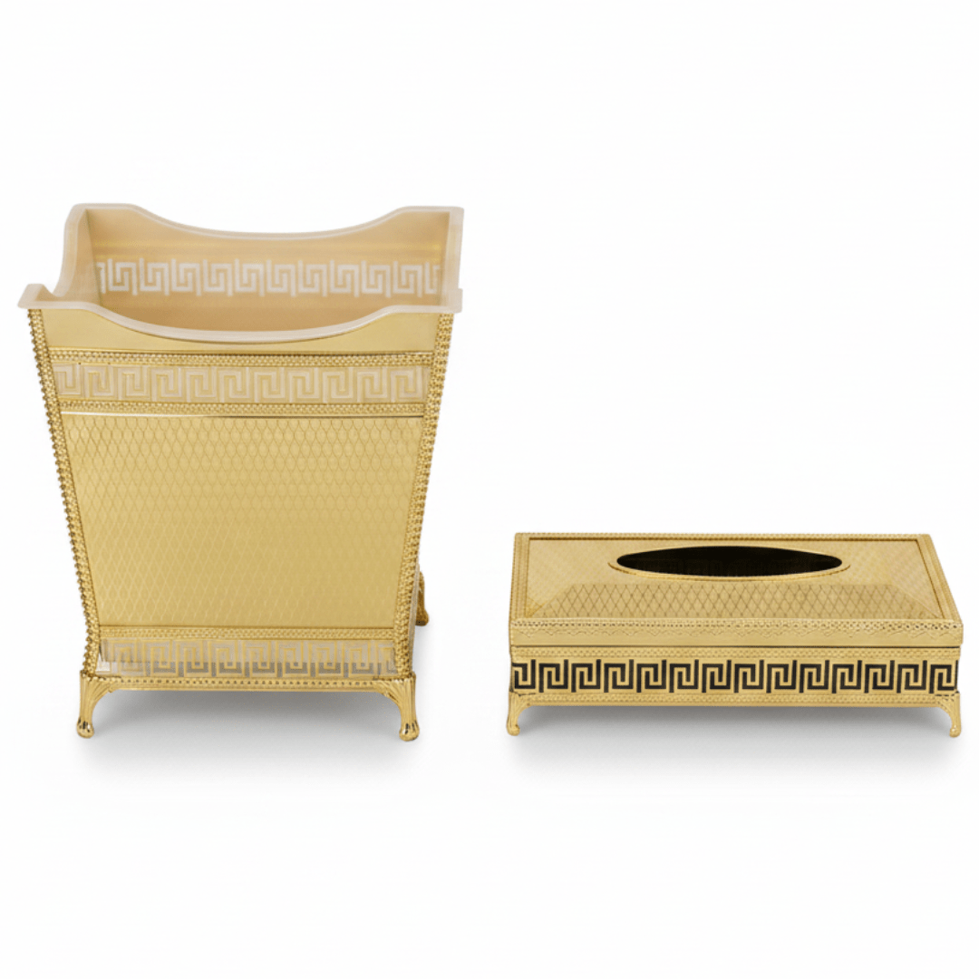 AKDC Premium Plastic Dustbin with Gold Metal Base and Tissue Box Set for Bathroom, Office and Home Décor – Dustbin 24×23×17 cm, Tissue Box 26×13 cm - Al Kabayel Discount CentreAKDC Premium Plastic Dustbin with Gold Metal Base and Tissue Box Set for Bathroom, Office and Home Décor – Dustbin 24×23×17 cm, Tissue Box 26×13 cmOrganizers & AccessoriesAKDCAl Kabayel Discount Centre