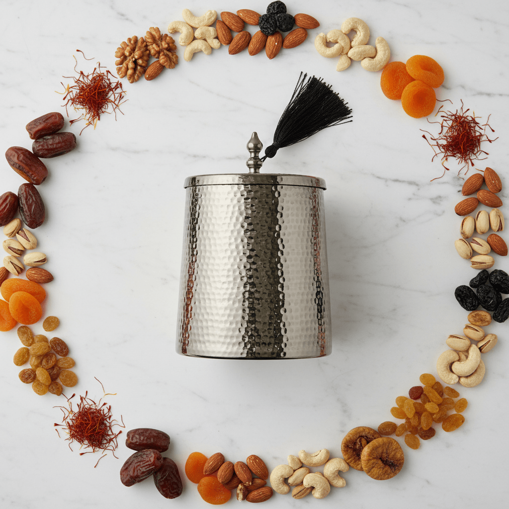 AKDC Premium Silver Finish Dates Bowl with Lid for Serving Dry Fruits, Snacks, and Traditional Gatherings (13.5 × 18.5 cm) - Al Kabayel Discount CentreAKDC Premium Silver Finish Dates Bowl with Lid for Serving Dry Fruits, Snacks, and Traditional Gatherings (13.5 × 18.5 cm)Jars & Food SaversAKDCAl Kabayel Discount Centre