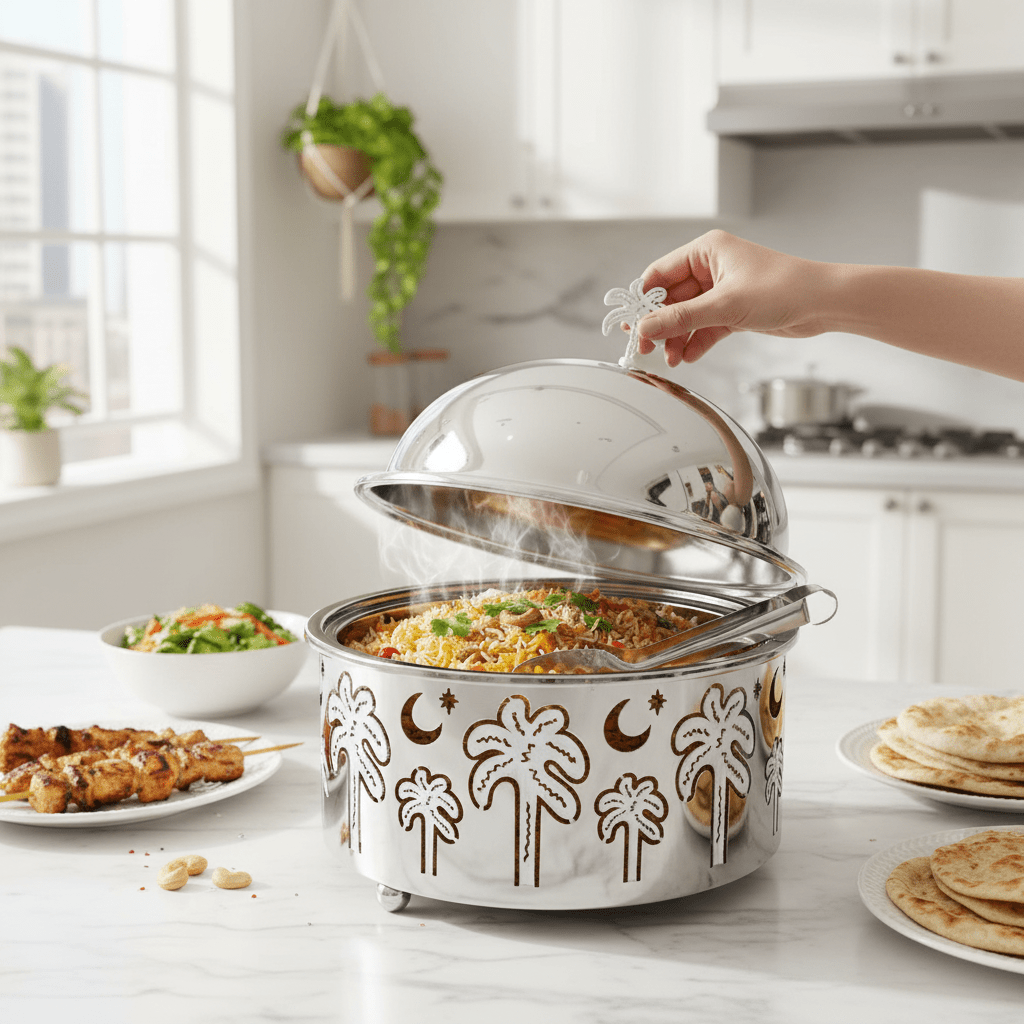 AKDC Premium Stainless Steel Food Server with Dome Lid & Palm Tree Design Base – Elegant Covered Serving Dish – 23 × 10 cm - Al Kabayel Discount CentreAKDC Premium Stainless Steel Food Server with Dome Lid & Palm Tree Design Base – Elegant Covered Serving Dish – 23 × 10 cmServing TraysAKDCAl Kabayel Discount Centre