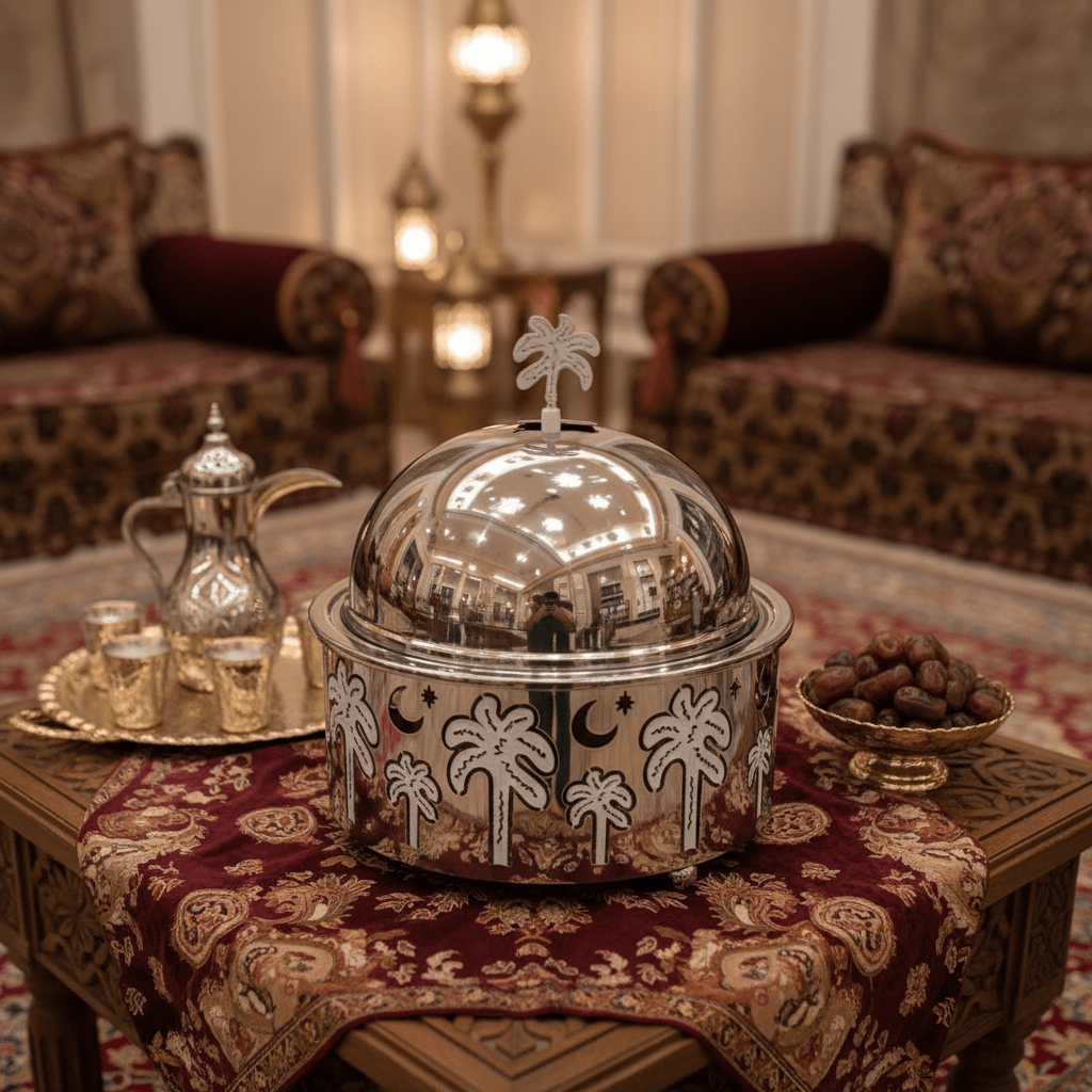 AKDC Premium Stainless Steel Food Server with Dome Lid & Palm Tree Design Base – Elegant Covered Serving Dish – 23 × 10 cm - Al Kabayel Discount CentreAKDC Premium Stainless Steel Food Server with Dome Lid & Palm Tree Design Base – Elegant Covered Serving Dish – 23 × 10 cmServing TraysAKDCAl Kabayel Discount Centre