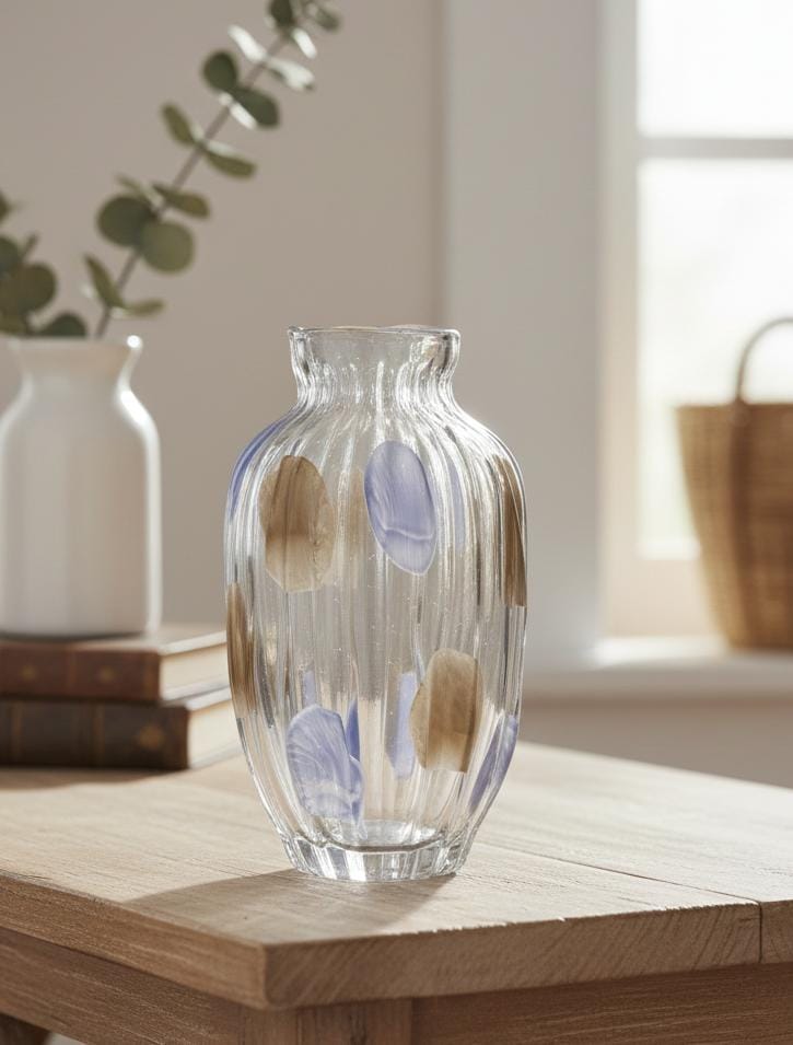 AKDC Premium Transparent Glass Vase with Elegant Brown & Blue Pattern Design – 30×15 cm Decorative Piece - Al Kabayel Discount CentreAKDC Premium Transparent Glass Vase with Elegant Brown & Blue Pattern Design – 30×15 cm Decorative PieceFlower/Plant PotsAKDCAl Kabayel Discount Centre