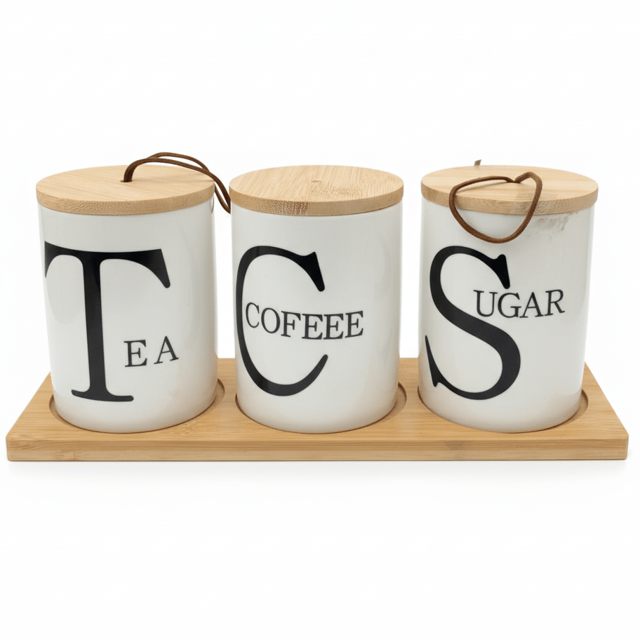 AKDC PureStore 3 - Piece White Ceramic Canister Storage Set with Wooden Base & Lid Modern Kitchen Organizer 28×8cm - Al Kabayel Discount CentreAKDC PureStore 3 - Piece White Ceramic Canister Storage Set with Wooden Base & Lid Modern Kitchen Organizer 28×8cmJars & Food SaversAKDCAl Kabayel Discount Centre