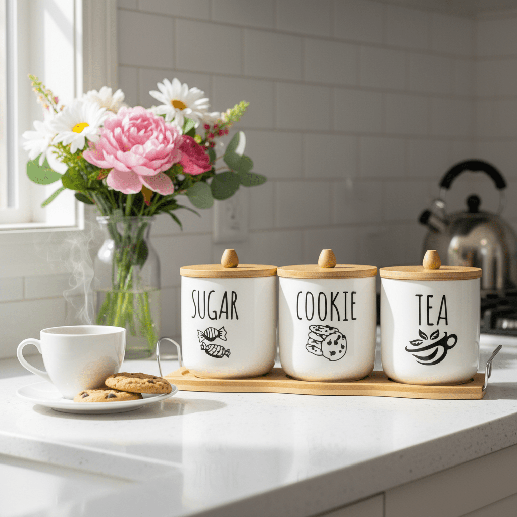 AKDC PureStore XL 3 - Piece White Ceramic Canister Set with Wooden Base & Lid Premium Storage 30×10cm - Al Kabayel Discount CentreAKDC PureStore XL 3 - Piece White Ceramic Canister Set with Wooden Base & Lid Premium Storage 30×10cmJars & Food SaversAKDCAl Kabayel Discount Centre