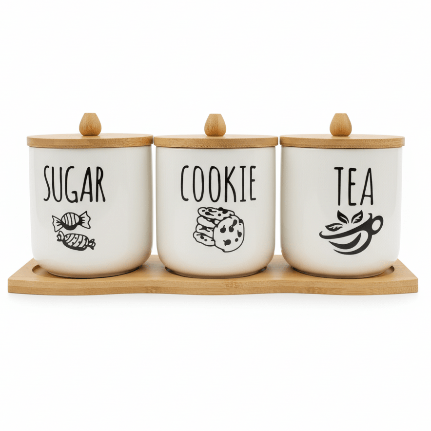 AKDC PureStore XL 3 - Piece White Ceramic Canister Set with Wooden Base & Lid Premium Storage 30×10cm - Al Kabayel Discount CentreAKDC PureStore XL 3 - Piece White Ceramic Canister Set with Wooden Base & Lid Premium Storage 30×10cmJars & Food SaversAKDCAl Kabayel Discount Centre