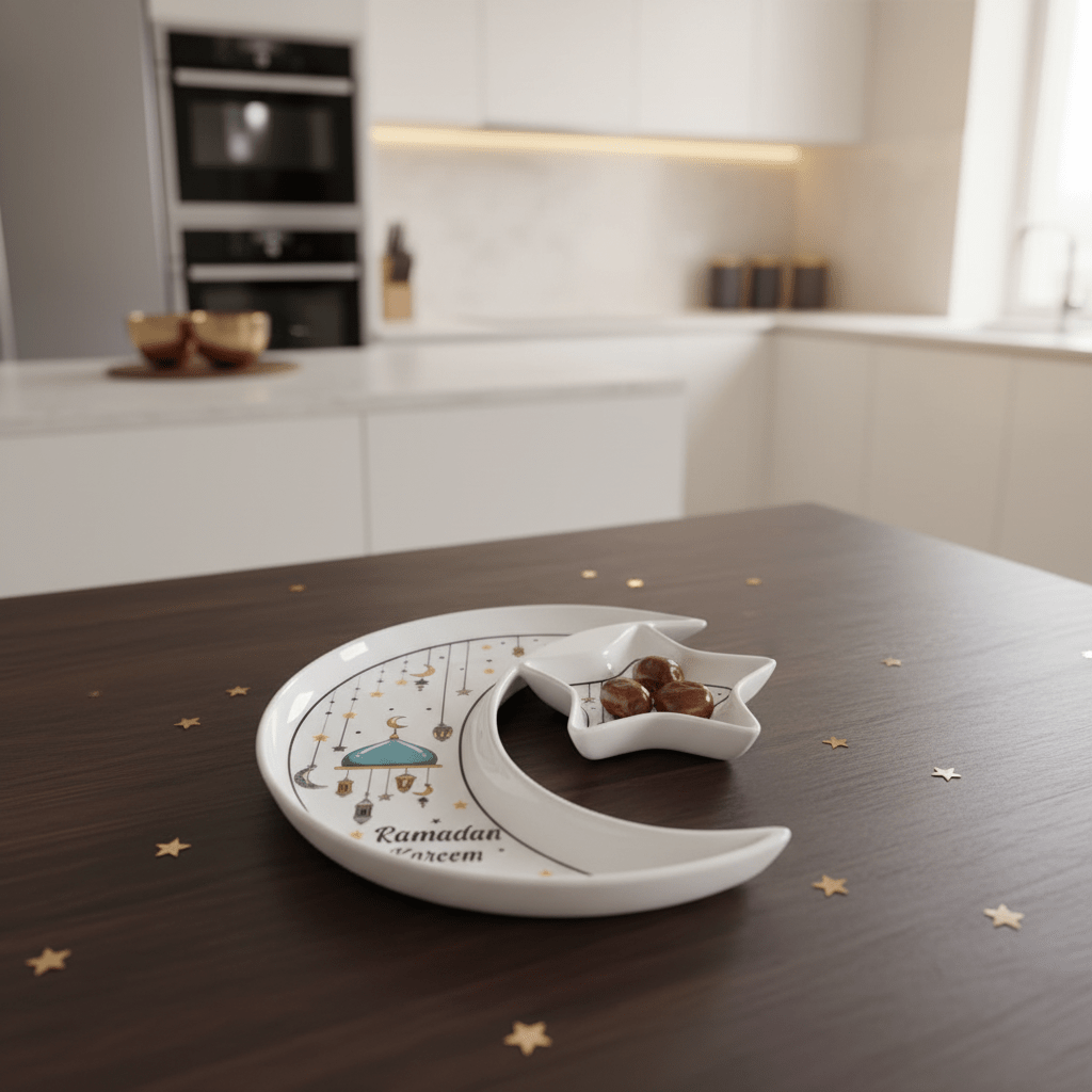 AKDC Ramadan Collection White Ceramic Moon & Star Serving Plate – Festive Islamic Tableware, 23cm - Al Kabayel Discount CentreAKDC Ramadan Collection White Ceramic Moon & Star Serving Plate – Festive Islamic Tableware, 23cmPlatesAKDCAl Kabayel Discount Centre