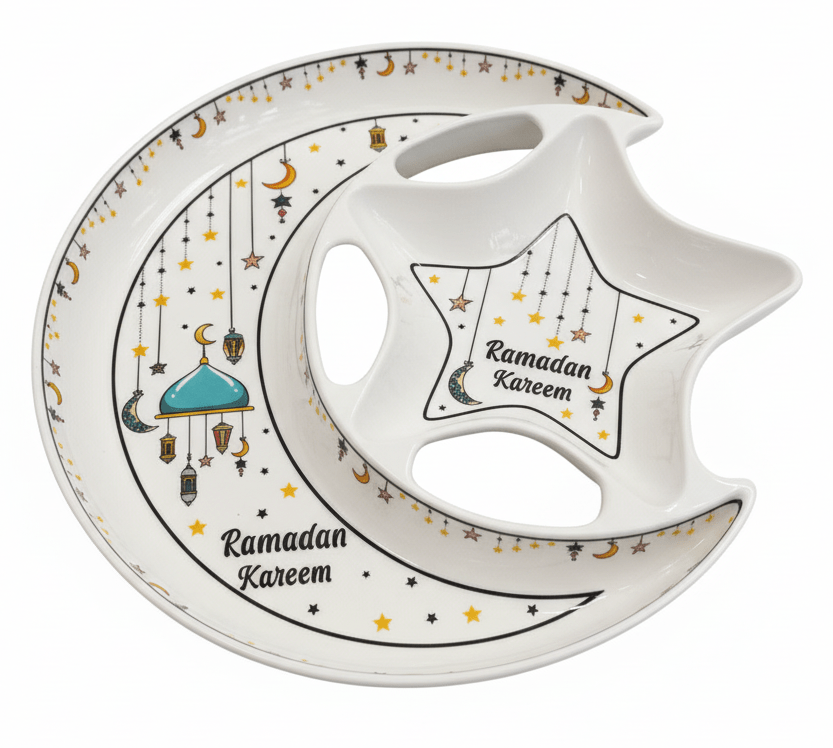 AKDC Ramadan Collection White Ceramic Moon with Large Star Serving Plate – Premium Festive Design, 23cm - Al Kabayel Discount CentreAKDC Ramadan Collection White Ceramic Moon with Large Star Serving Plate – Premium Festive Design, 23cmPlatesAKDCAl Kabayel Discount Centre