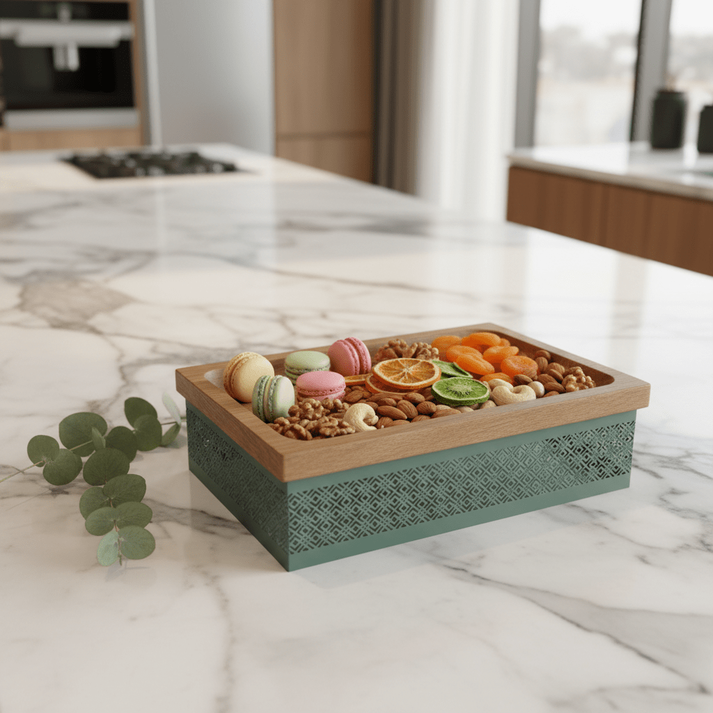 AKDC Rectangle Wooden Candy Tray with Sage Green Metal Base – Decorative Serving Tray for Desserts & Snacks – 28 × 18 cm - Al Kabayel Discount CentreAKDC Rectangle Wooden Candy Tray with Sage Green Metal Base – Decorative Serving Tray for Desserts & Snacks – 28 × 18 cmServing TraysAKDCAl Kabayel Discount Centre