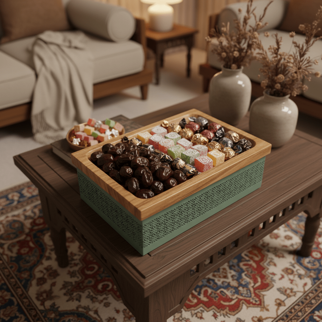 AKDC Rectangle Wooden Candy Tray with Sage Green Metal Base – Decorative Serving Tray for Desserts & Snacks – 28 × 18 cm - Al Kabayel Discount CentreAKDC Rectangle Wooden Candy Tray with Sage Green Metal Base – Decorative Serving Tray for Desserts & Snacks – 28 × 18 cmServing TraysAKDCAl Kabayel Discount Centre