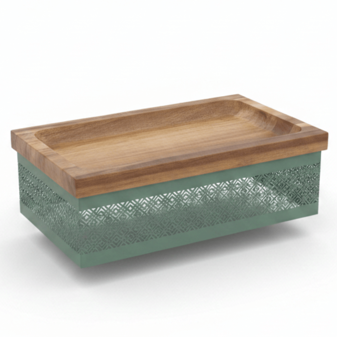 AKDC Rectangle Wooden Candy Tray with Sage Green Metal Base – Decorative Serving Tray for Desserts & Snacks – 28 × 18 cm - Al Kabayel Discount CentreAKDC Rectangle Wooden Candy Tray with Sage Green Metal Base – Decorative Serving Tray for Desserts & Snacks – 28 × 18 cmServing TraysAKDCAl Kabayel Discount Centre