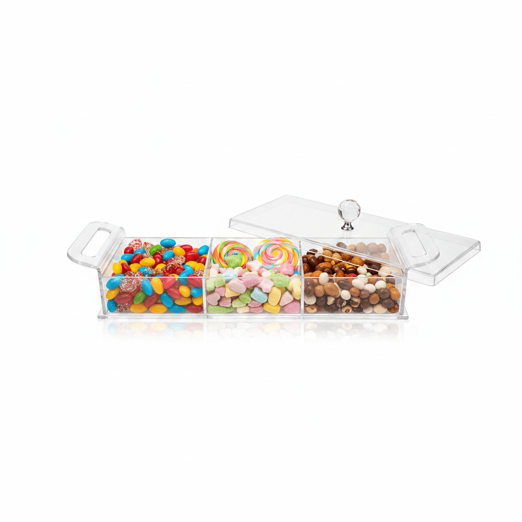 AKDC Rectangular Clear Acrylic 3 Compartment Candy Box with Lid Stylish Kitchen Storage Organizer 36x13x6 cm - Al Kabayel Discount CentreAKDC Rectangular Clear Acrylic 3 Compartment Candy Box with Lid Stylish Kitchen Storage Organizer 36x13x6 cmServing TraysAKDCAl Kabayel Discount Centre