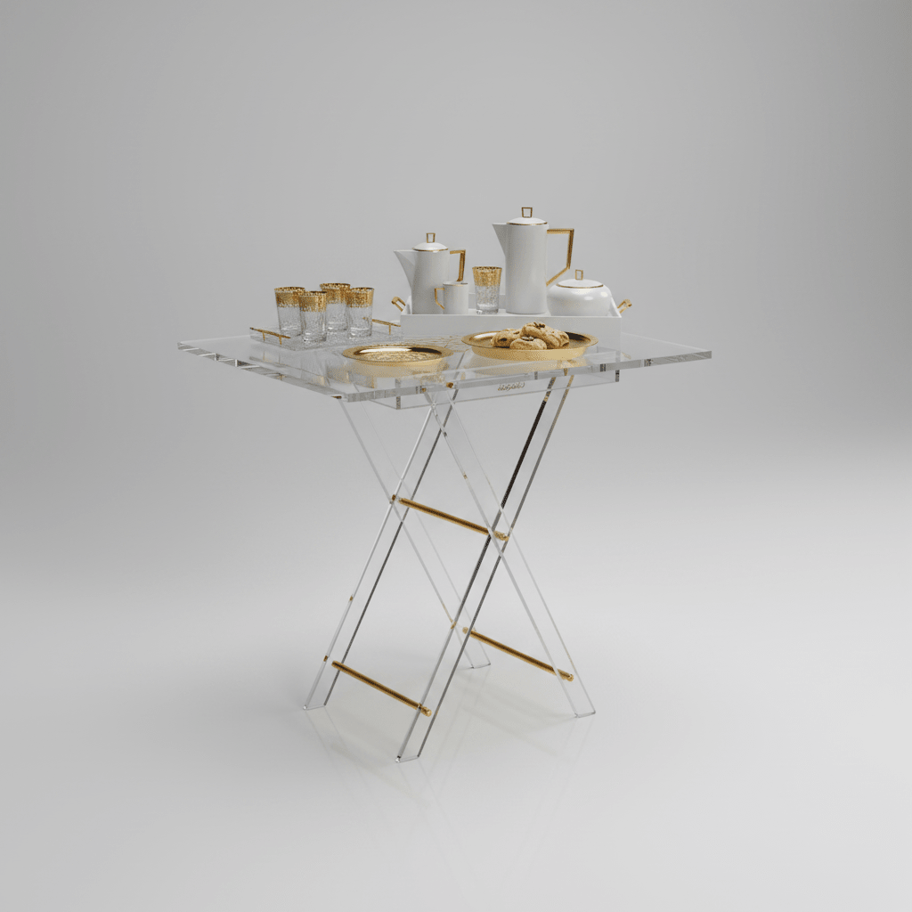 AKDC Rectangular Clear Acrylic Folding Table Set with Gold Frame Supports and Artistic Arabic Calligraphy Detail Premium 4 - Piece Set 50x40x47 cm - Al Kabayel Discount CentreAKDC Rectangular Clear Acrylic Folding Table Set with Gold Frame Supports and Artistic Arabic Calligraphy Detail Premium 4 - Piece Set 50x40x47 cmOrganizers & AccessoriesAKDCAl Kabayel Discount Centre